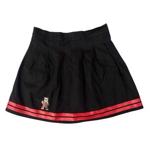 Whimsigoth Cyberpunk Pleated Mini‎ Skirt Black Red Ribbon Trim Bear Graphic Med